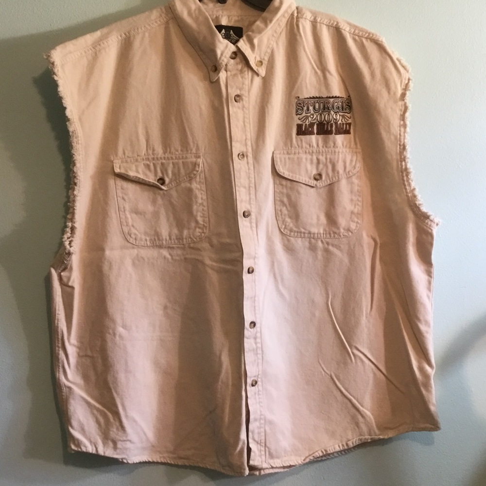 Sleeveless Sturgis SD Button-Front Work Shirt with Embroidered Chest Patch